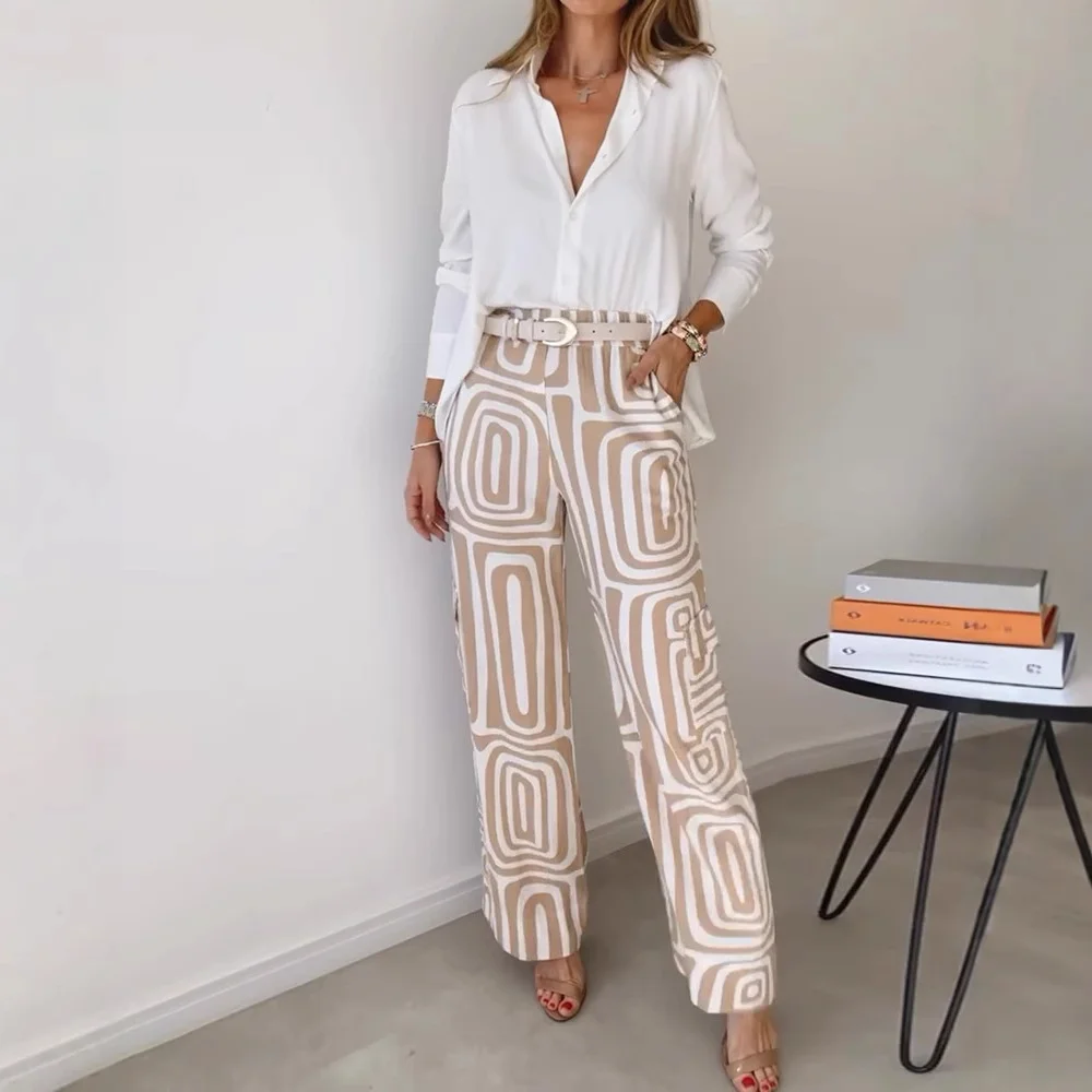 Wongn Wongn Summer Women's Casual Long Sleeve Lapel Shirt Print Wide-Leg Pants Suit