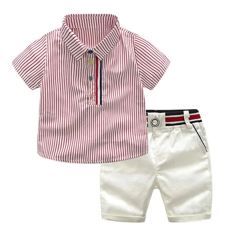 New Stripe Shirt Tops Pants Baby Boy Clothes Gentlemen Short Sleeve Soft Cotton Toddler Casual Outfit Children Party Wedding Set