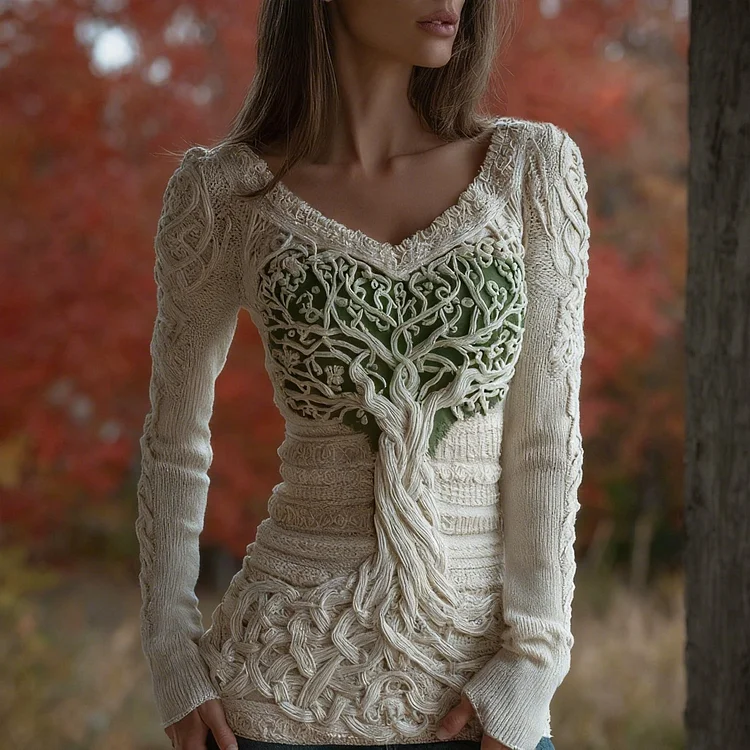 Women's Viking Celtic Tree Of Life Knit V Neck Sweater
