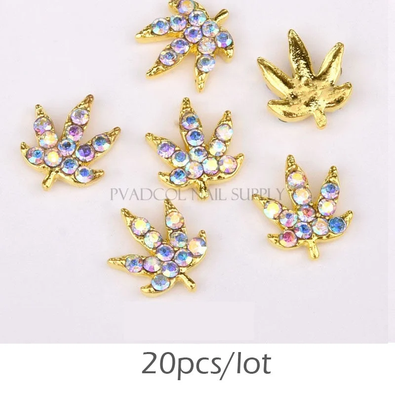 20pcs Weed Leaf Nail Charms Gold Glitter 3D Nail Art Rhinestone Alloy Luxury Nails Press On Manicure Decoration-Nail Inspo
