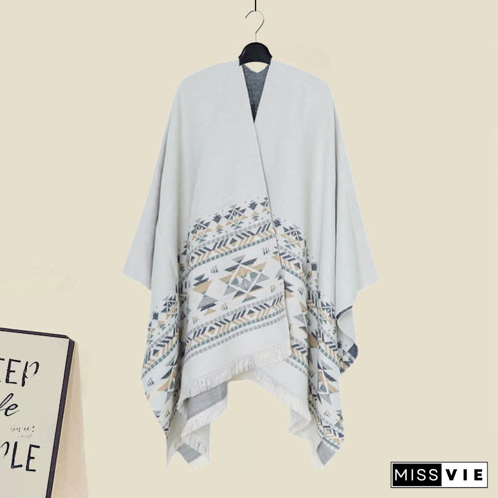 Boho Vintage Print Colorblock Shawl Wrap V-neck Lace Up Dress