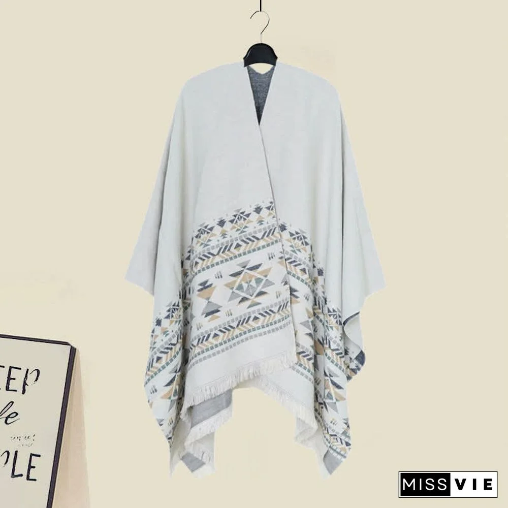 Boho Vintage Print Colorblock Shawl Wrap V-neck Lace Up Dress