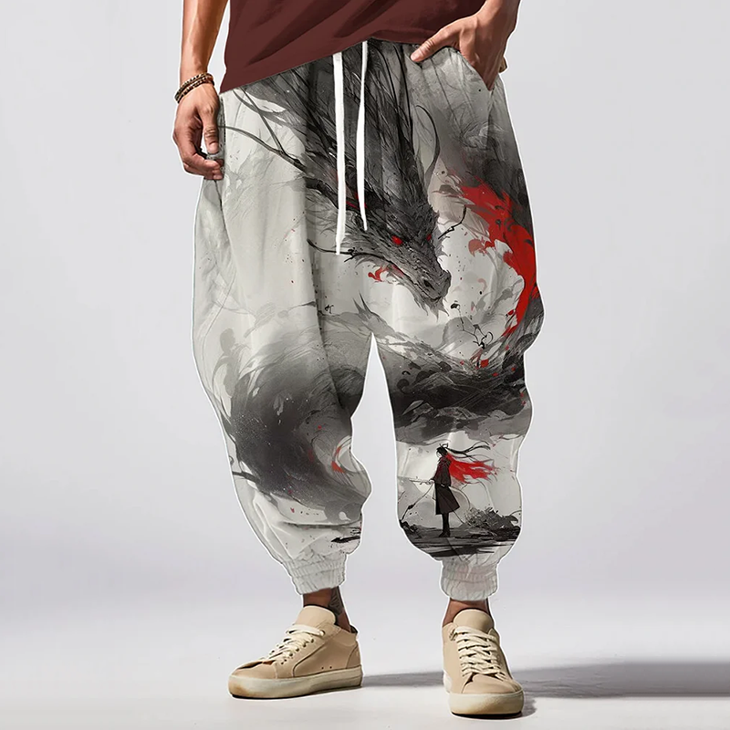 Retro Bamboo Tribal Art Pattern Casual Loose Drawstring Waist Pants