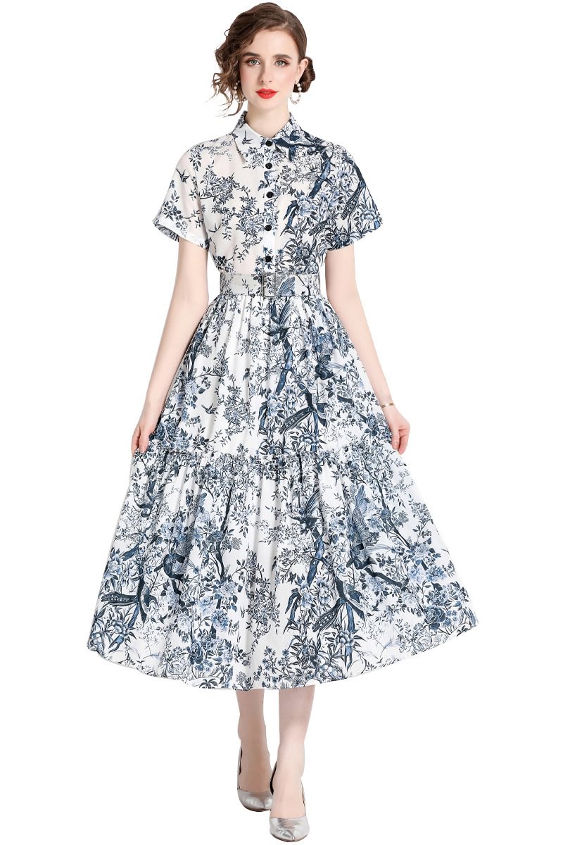 1950s White Casual Floral All Over Print Shirt Collar Buttons Fitted Waist A-line Midi Dress