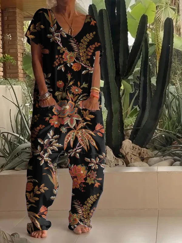 Casual Retro Floral Print V Neck Jumpsuit