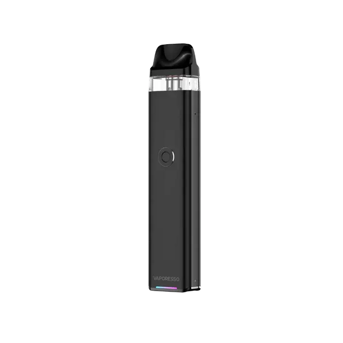 Sleek black Vaporesso XROS 3 pod system vape kit with clear pod, button, Vaporesso logo, and LED indicator.