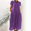 Robe trapèze ample en coton et lin de grande taille de couleur unie