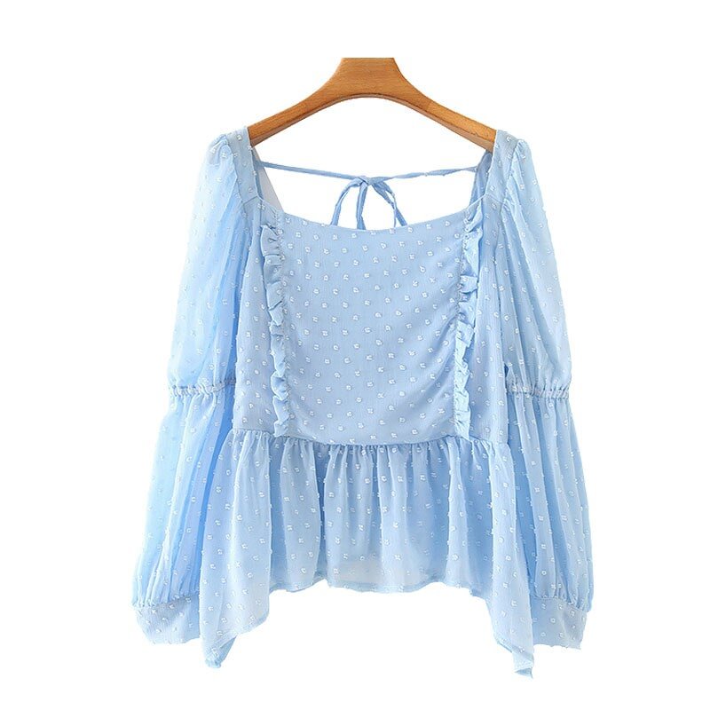 TRAF Women Sweet Fashion Ruffles Dot Chiffon Blouses Vintage Long Sleeve Back Elastic Lace-up Female Shirts Chic Tops