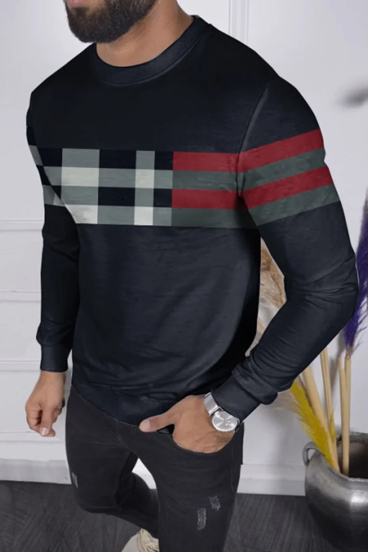 Round Neck Simple Checkered Stripe Long Sleeve Sweatshirt