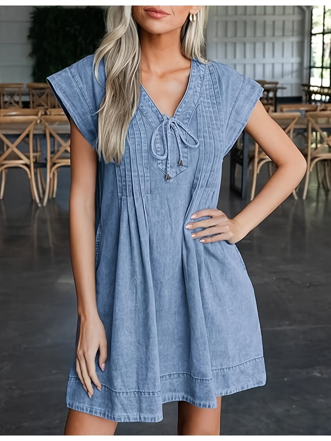 Women's Denim Dress, V-Neck Skirt, Short Sleeved Jumpsuit With Knot Tie | Spring, Summer, Autumn | With Pocket | IFYHOME