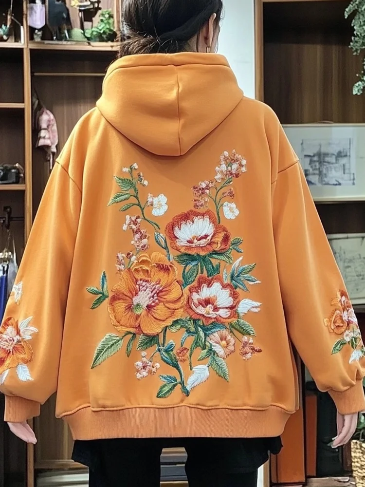 Vintage Floral Embroidered Comfy Hoodie