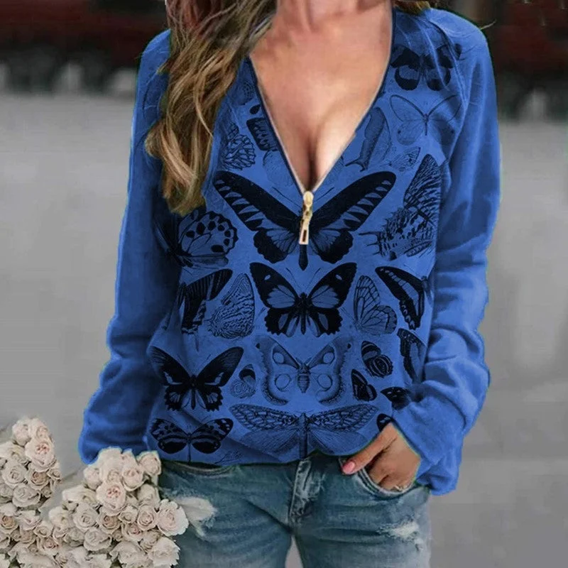 Women's Spring V-neck Butterfly Print Zip Long Sleeve T-Shirt
