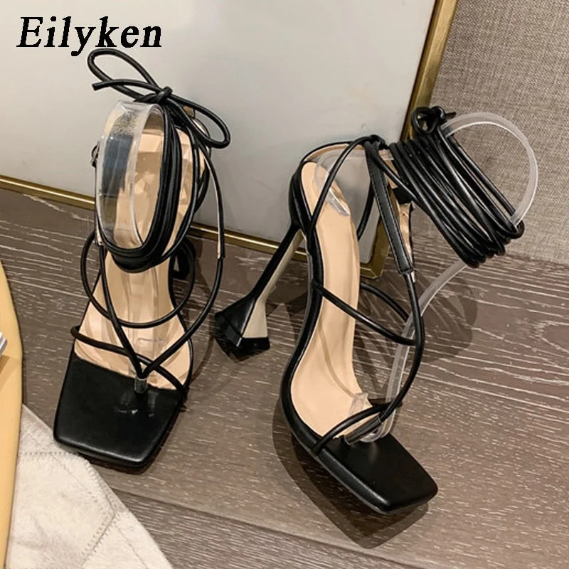 Eilyken 2022 New Women Gladiator knee high Sandals Open toe Lace up Cross Strappy Sandals Women High heels Fashion Sexy shoes