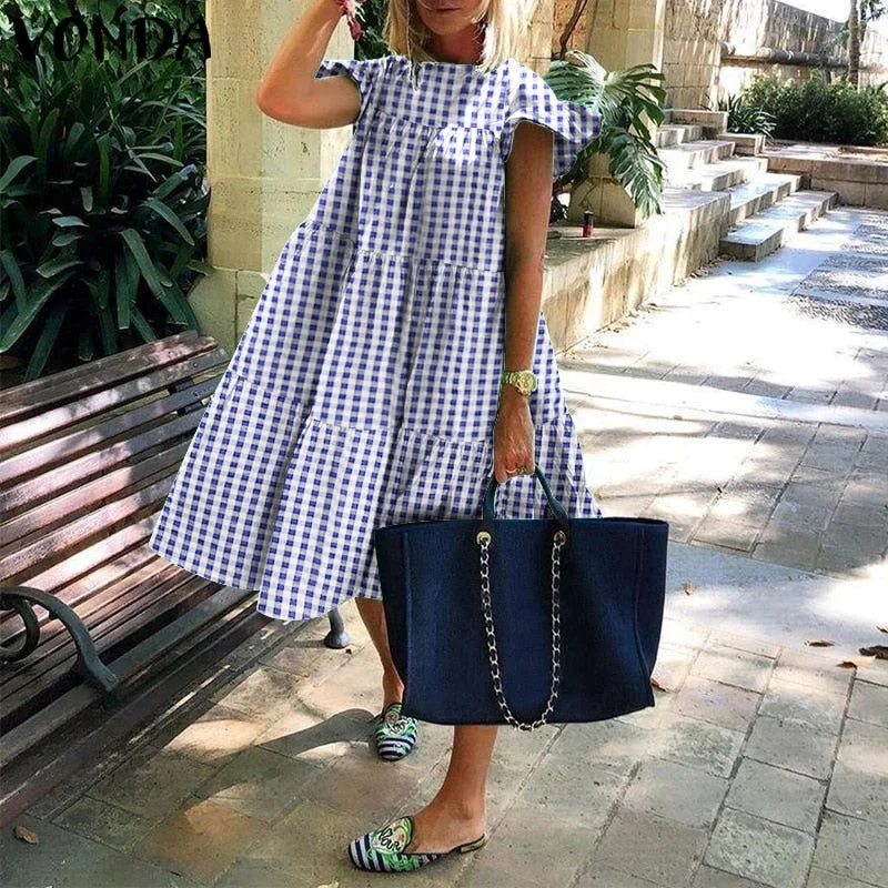 VONDA Summer Cotton Dress Women Casual Short Sleeve Ruffled Cuff Dresses Loose Patchwork Bohemian Vestidos  Knee-Length Dress