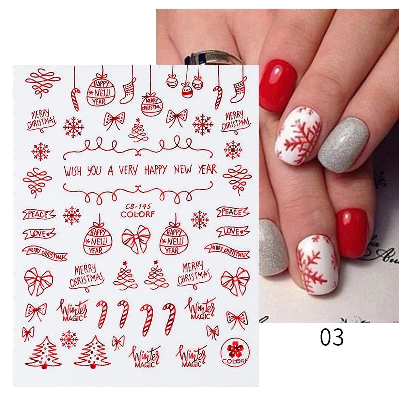 Winter Xmas 3D Nail Sticker Christmas Elk Santa Snowflake Rabbit Cartoon Slider Design Polish Nails Decals Nail Art DIY Decor-Nail Inspo