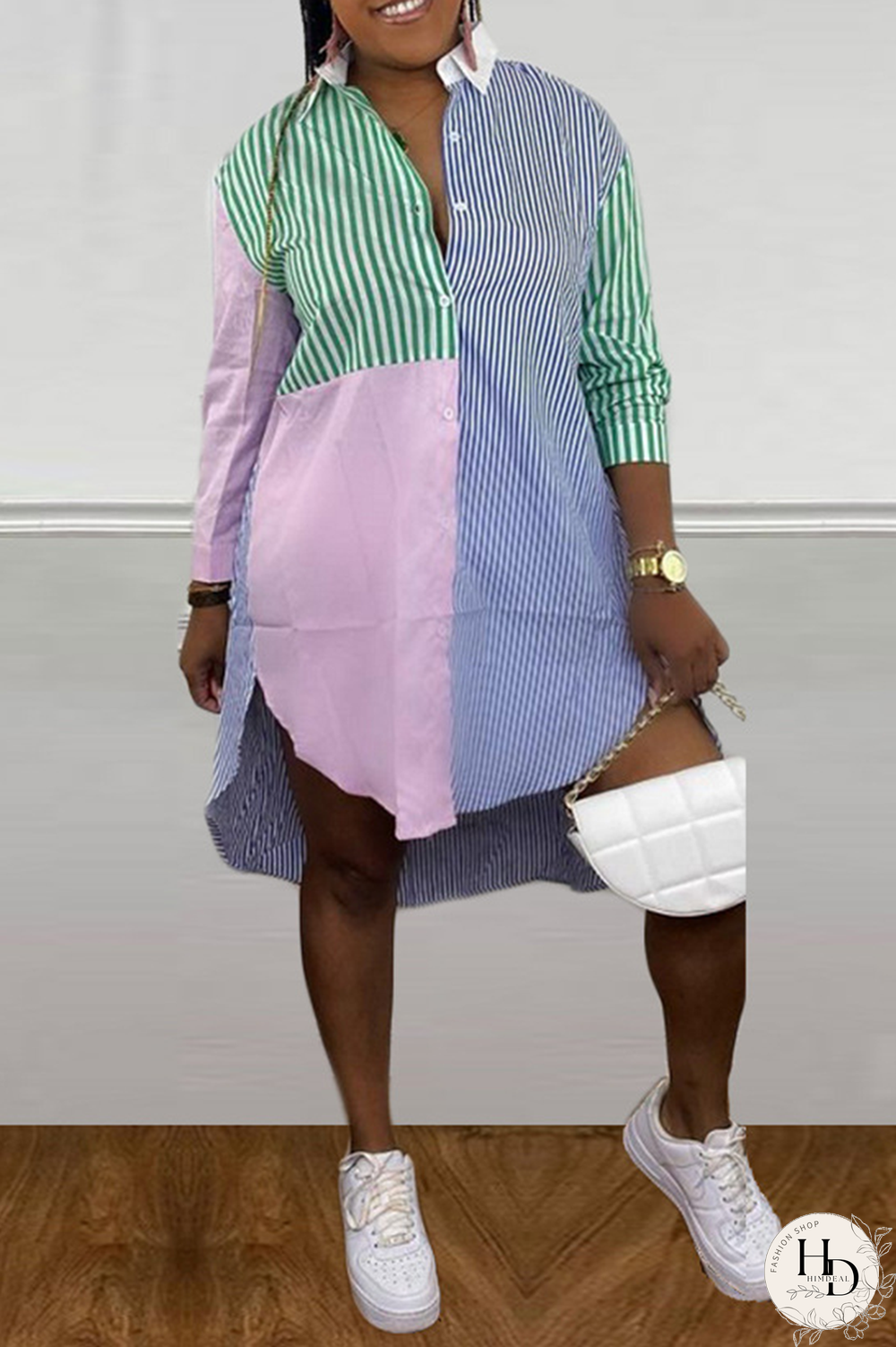 Blue Casual Striped Split Joint Turndown Collar Shirt Dress Dresses