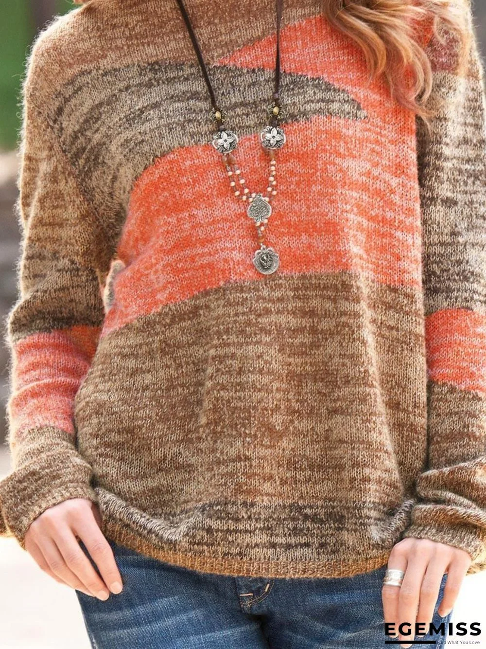 Brown Cotton Crew Neck Long Sleeve Plus Size Sweater | EGEMISS