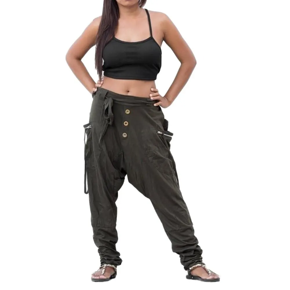 Women Stylish Drop Crotch Waist BeltMa Pockets Harem Pants Long Baggy Trousers