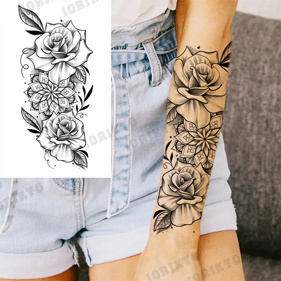 3D Skull Rose Flower Temporary Tattoos For Women Men Geometry Tiger Compass Mandala Fake Tattoo Washable Body Art Painting Tatoo