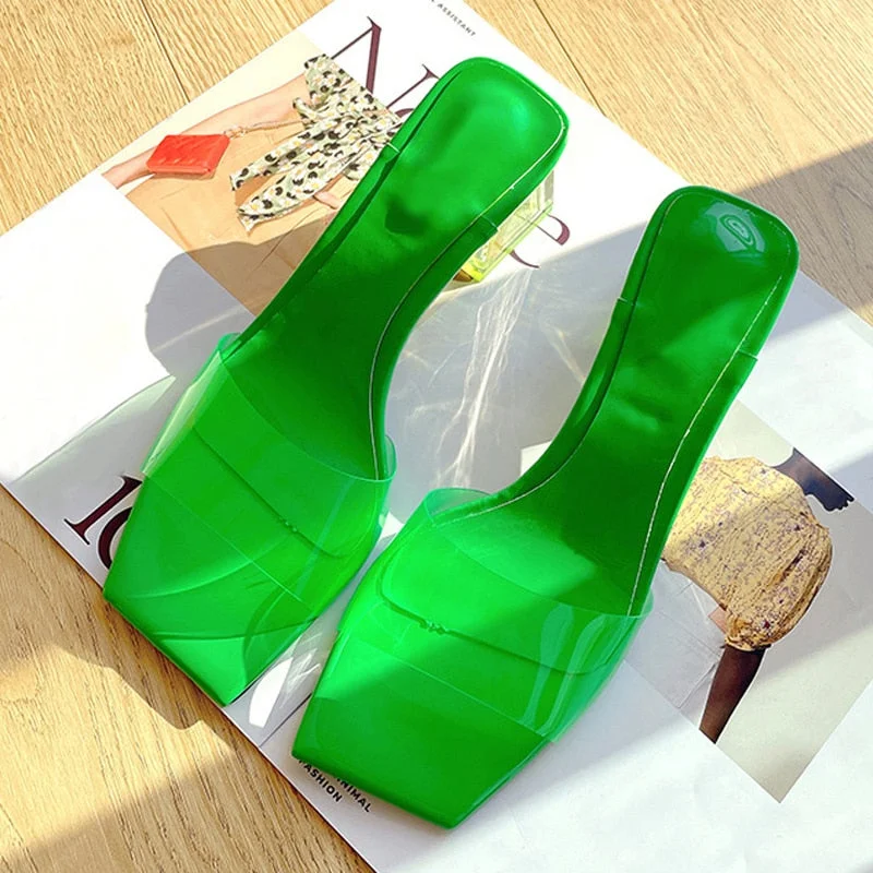 Summer Slippers Women Blue Green PVC Transparent Shoes Mules Slides Fashion Open Toe Clear Heels Beach Jelly Sandals Size 35-40