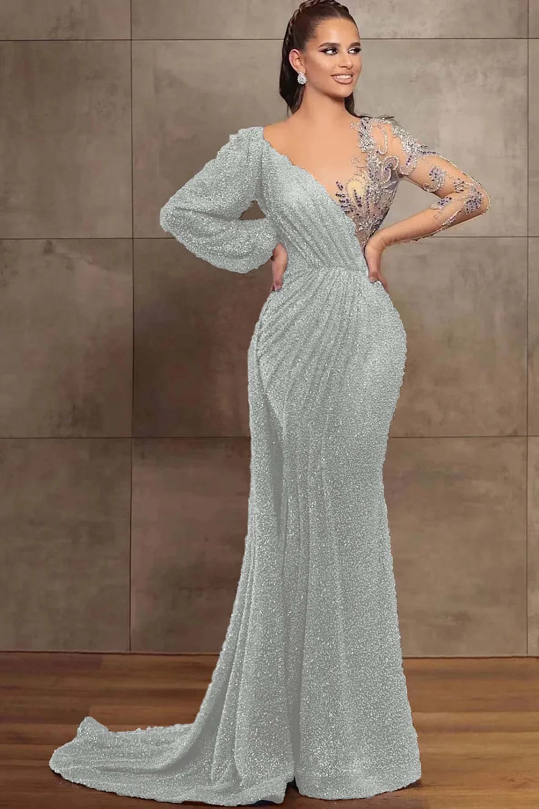 Long V-neck Appliques Lace Mermaid Evening Dress main image 0