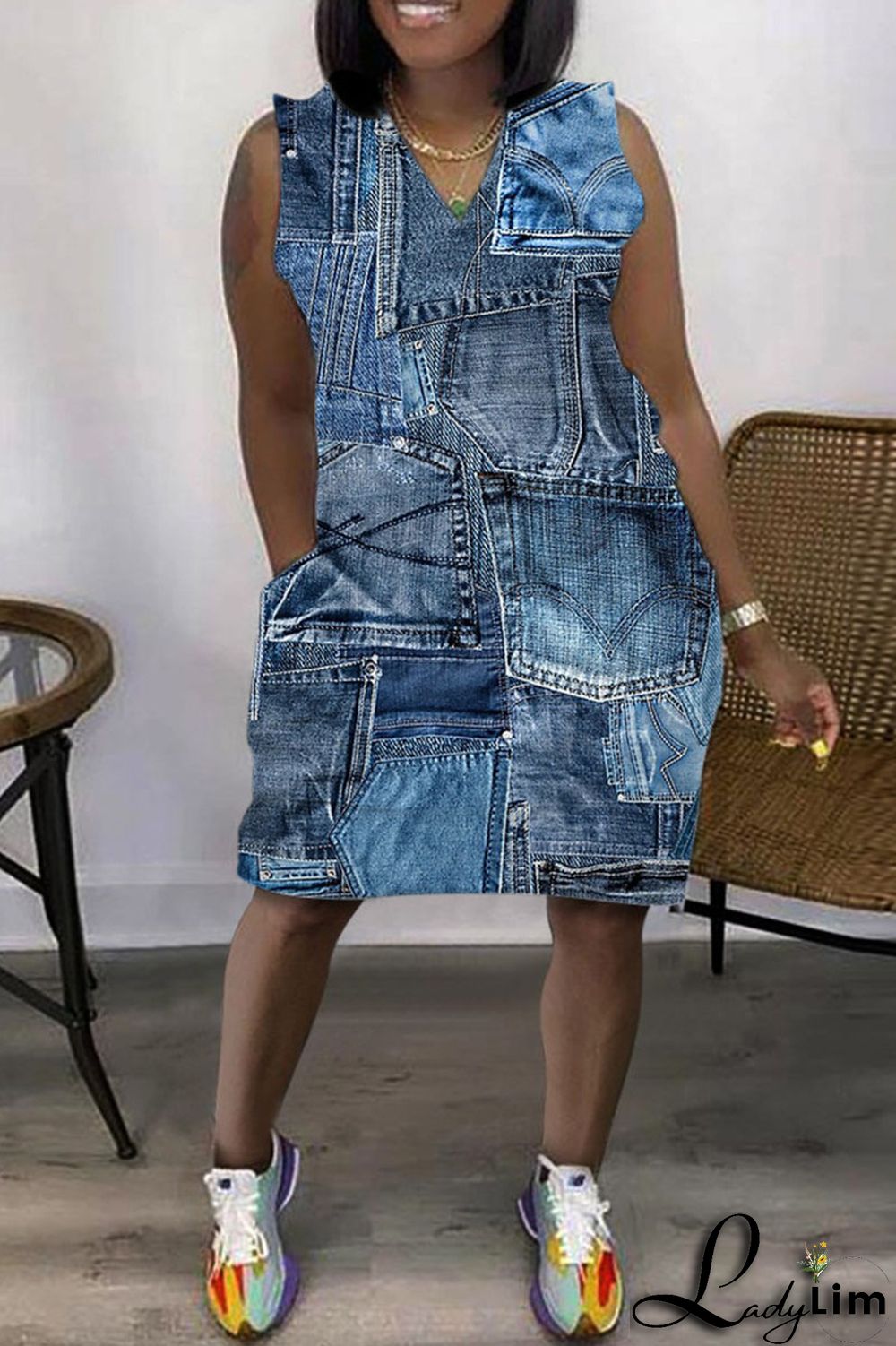 Colour Casual Print Patchwork V Neck Straight Dresses