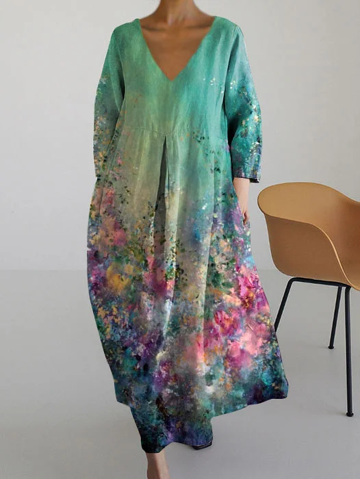 Women's Casual Floral V Neck Long Sleeve Dress