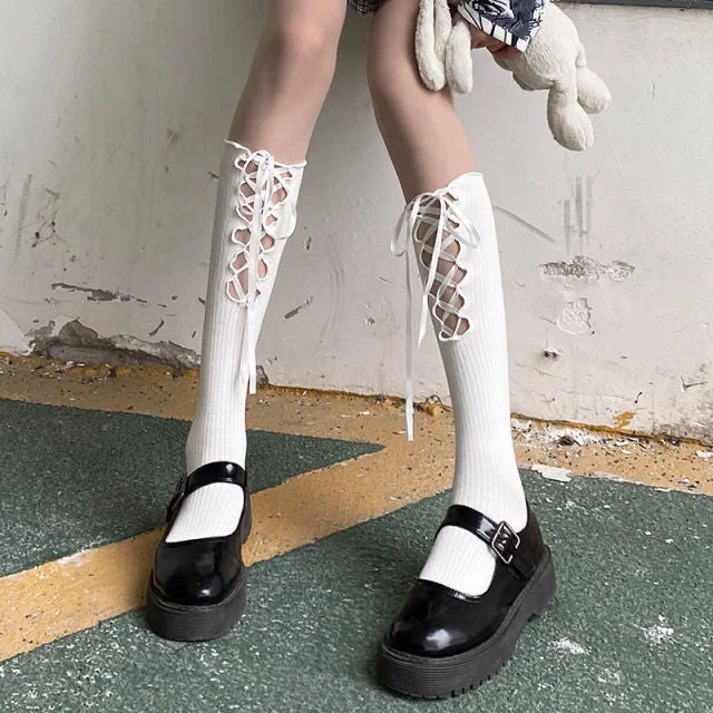 Black/White Lolita Bandage Bowknot Cotton Knee-High JK Knee Socks SP17339