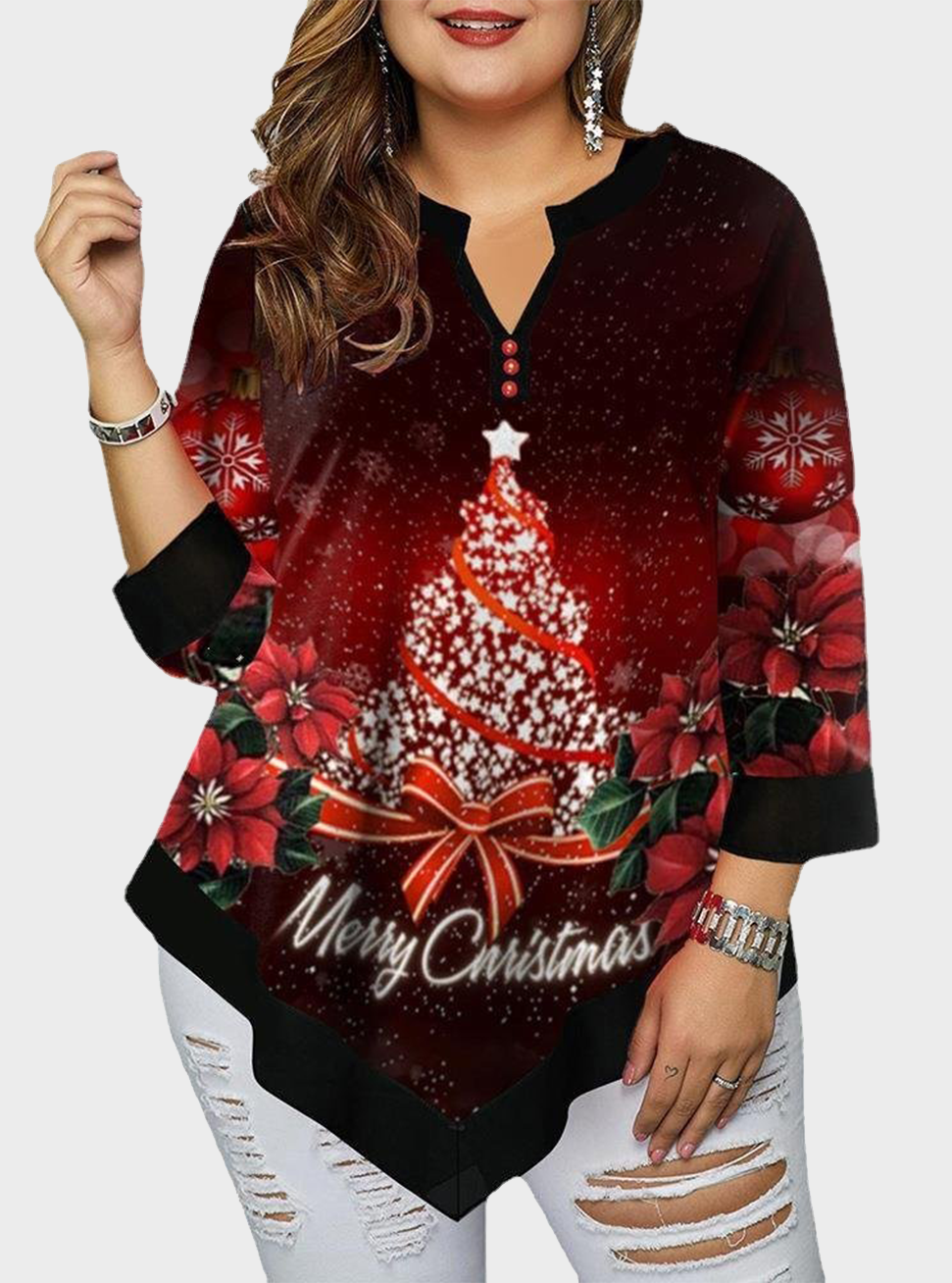  thdmladies Christmas Tree Print V-neck Plus Size Top thedmladies