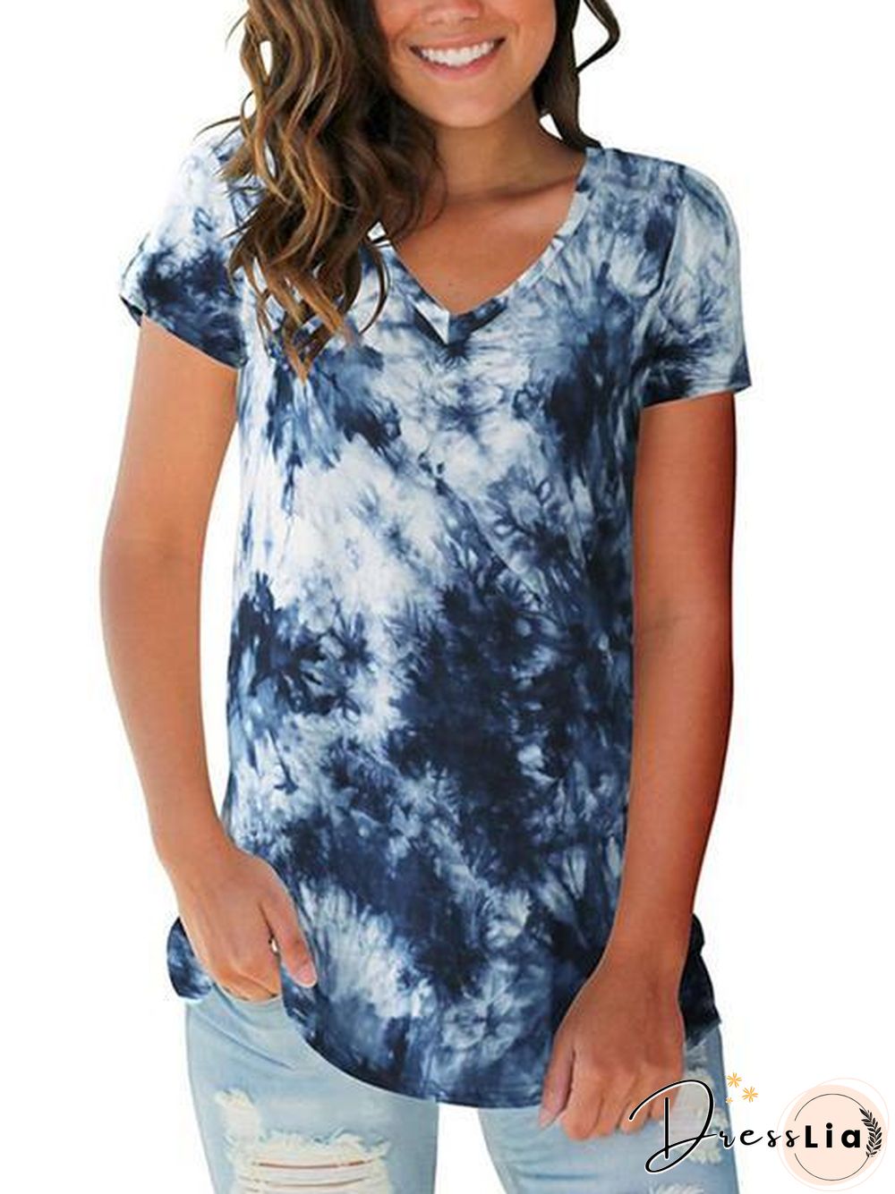 Tie-Dye Print V-Neck Loose T-Shirt