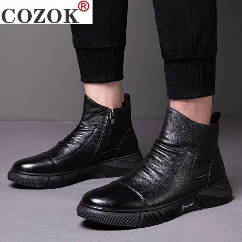 2022 Winter New Boots Male British Style Korean Tooling Trendy Shoes Plus Velvet Warm Cotton Shoes Middle Cut Men's Boots