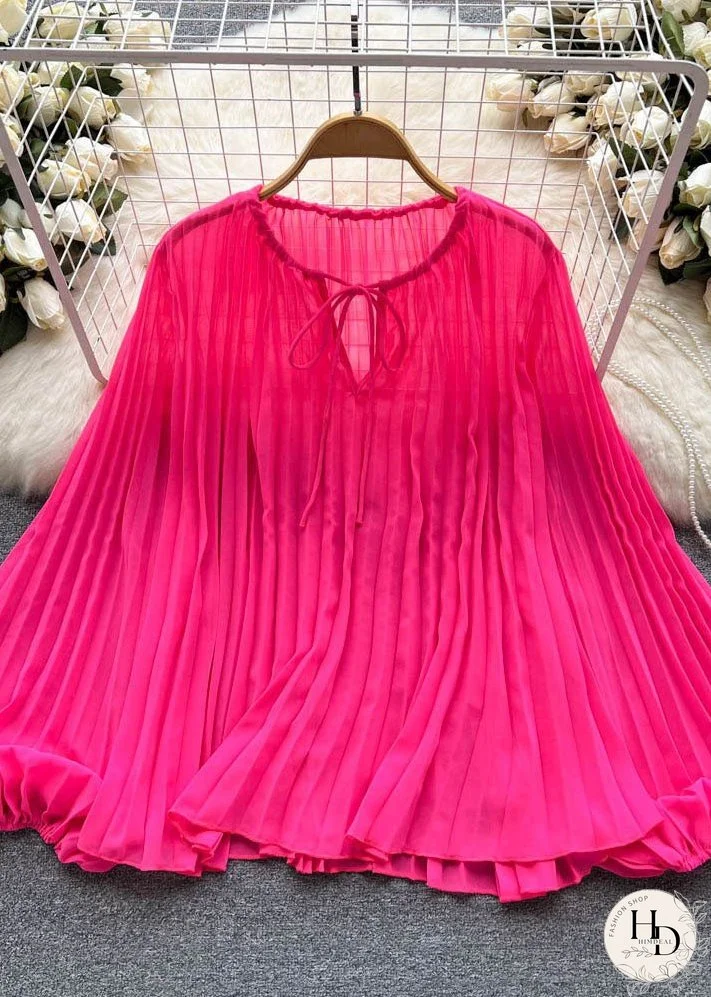 Plus Size Rose O Neck Wrinkled Patchwork Chiffon Blouse Tops Summer