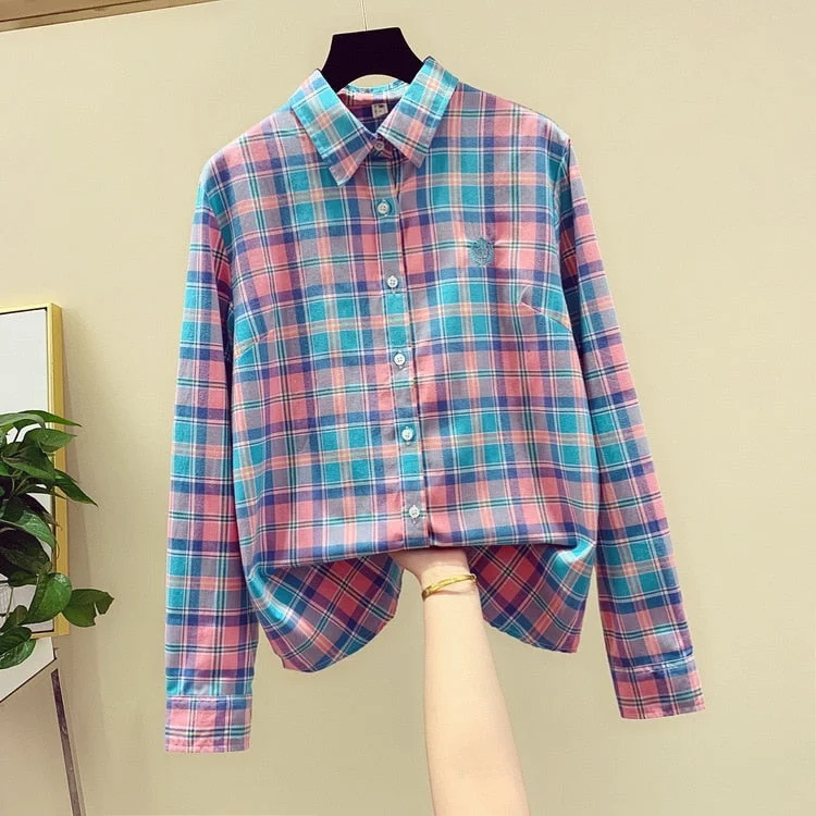 New Women Blouses Long Sleeve Shirts 100% Cotton Plaid Shirt Casual Female Tops Outerwear