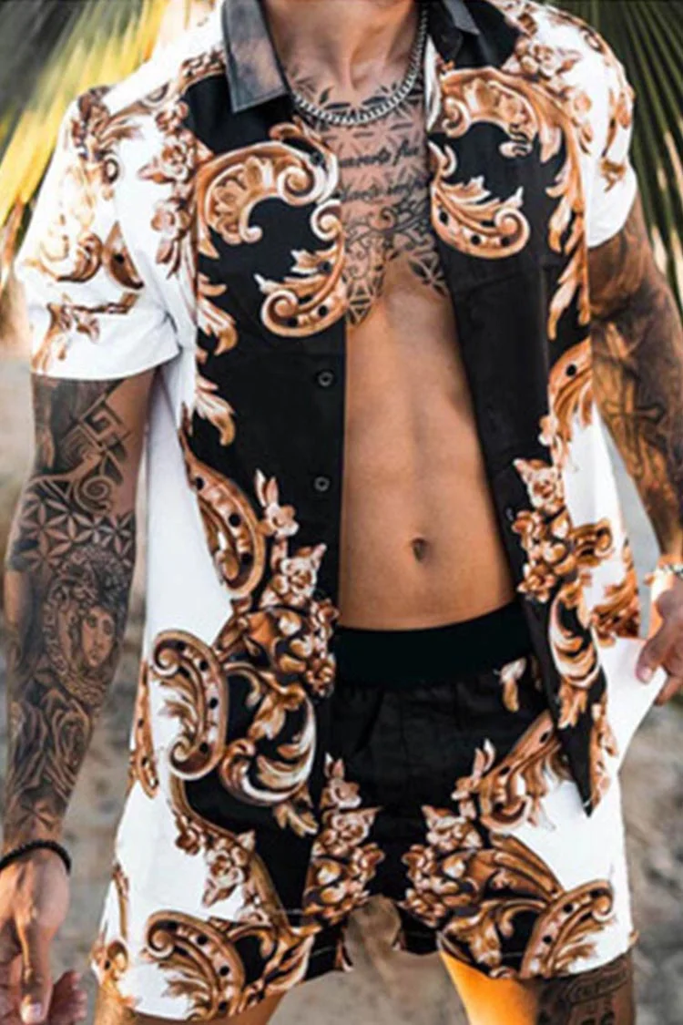 Beach Style Loose Shirt Men'S Print Two-Piece Suit
