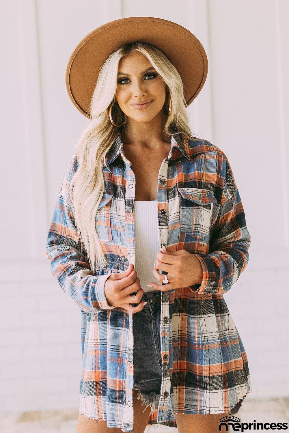 color Plaid Button Down Ruffled Shirt Jacket