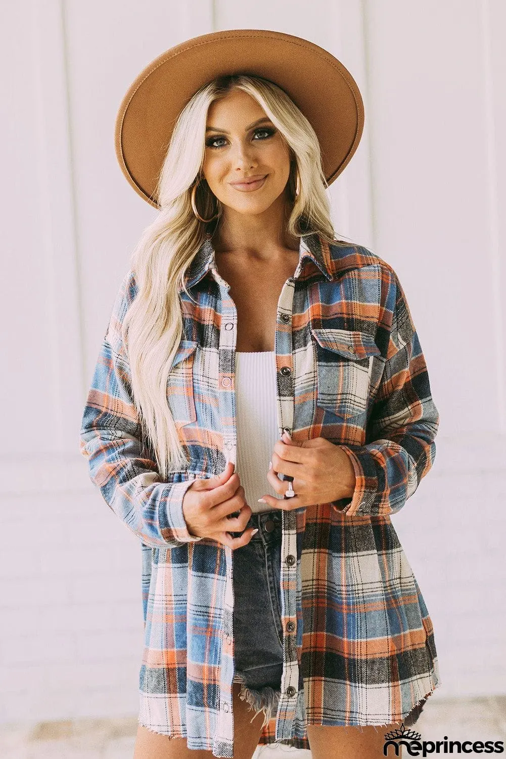 color Plaid Button Down Ruffled Shirt Jacket