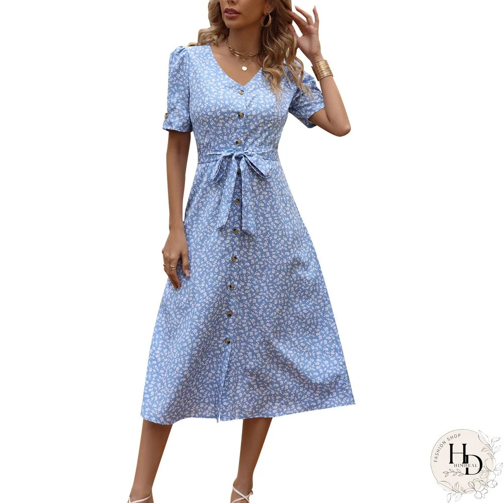 Summer Printed Dress Women Leisure Vacation Lace Up Dress Large Swing Dress Print Knotted Dress Spring New