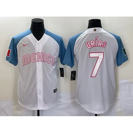 Men's Mexico Baseball #7 Julio Urias 2023 White Blue World Baseball Classic Stitched Jersey 1TDN