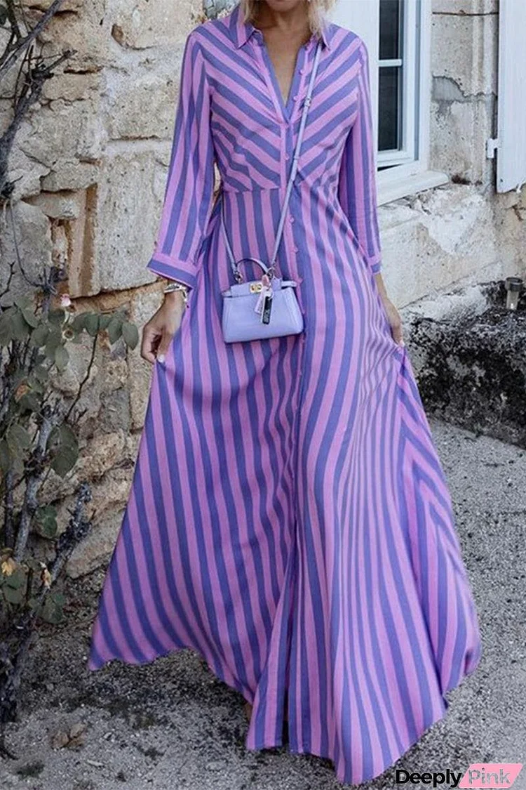 Sweet Elegant Striped Patchwork Turndown Collar A Line Dresses(3 Colors)