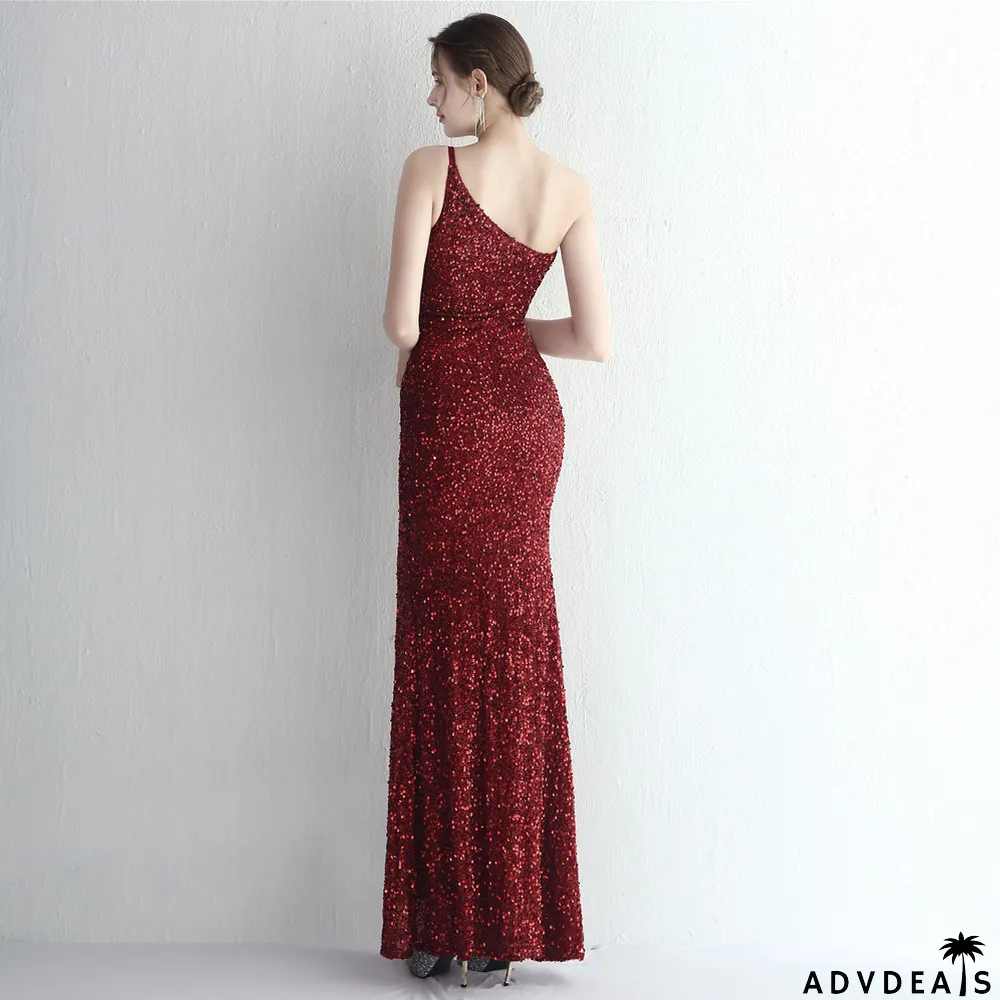 Women Sequined One Shoulder Strap Formal Party Slit Mermaid Evening Dress