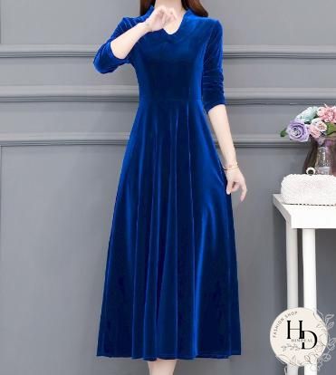 Solid 3/4 Sleeve Vintage Women Velvet Maxi Dresses