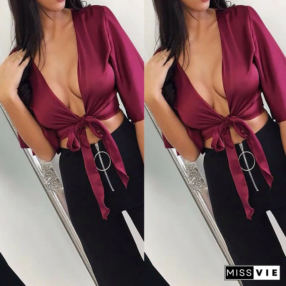 Womens Floral Ladies V Neck Tie Knot Front Flared Sleeve Plunge Neck Crop Top