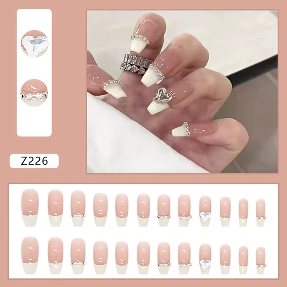 24pcs Pink Rose Design False Nail Patch Coffin Fake Nails Removable Long Paragraph Fashion Manicure Nail Art Press On Nail Tips-Nail Inspo