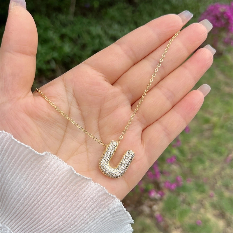 Copper 18K Gold Plated Hip-Hop Minimalist Classic Style Polishing Inlay Letter Zircon Pendant Necklace