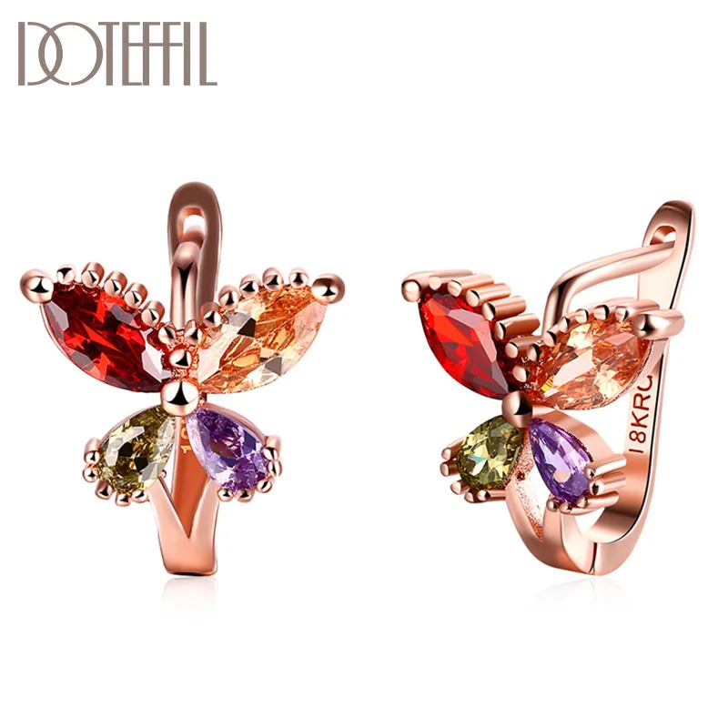 DOTEFFIL 925 Sterling Silver Four-Color AAA Zircon Rose Gold Butterfly Earrings For Women Jewelry 