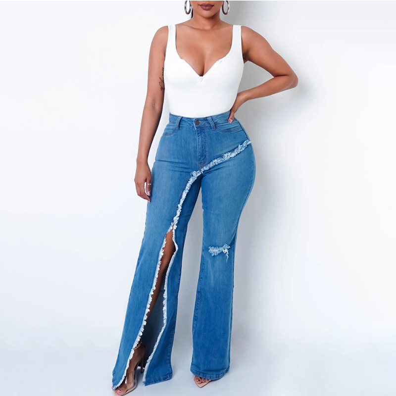 Slit Ripped Flared Jeans wearshes