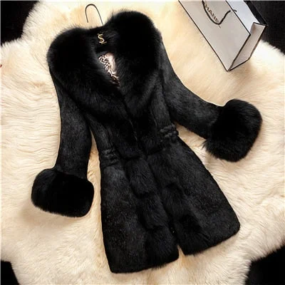 Winter 2020 Faux Fur Coat Women Thick Outwear Female Long Fake Fox Fur Collar Jackets For Ladies Slim Elegant Warm Coat New
