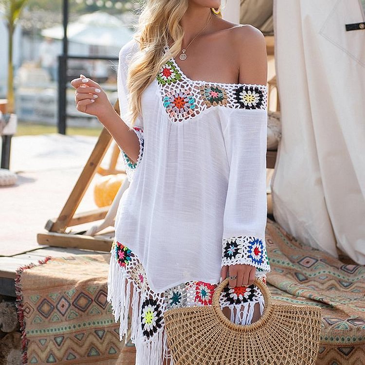 Women's New Fashion Strapless Seven-point Sleeve Splicing Irregular Tassel Ethnic Style Mini Dress