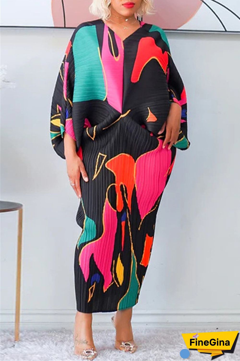 Pink Purple Casual Print Patchwork V Neck Pencil Skirt Plus Size Dresses