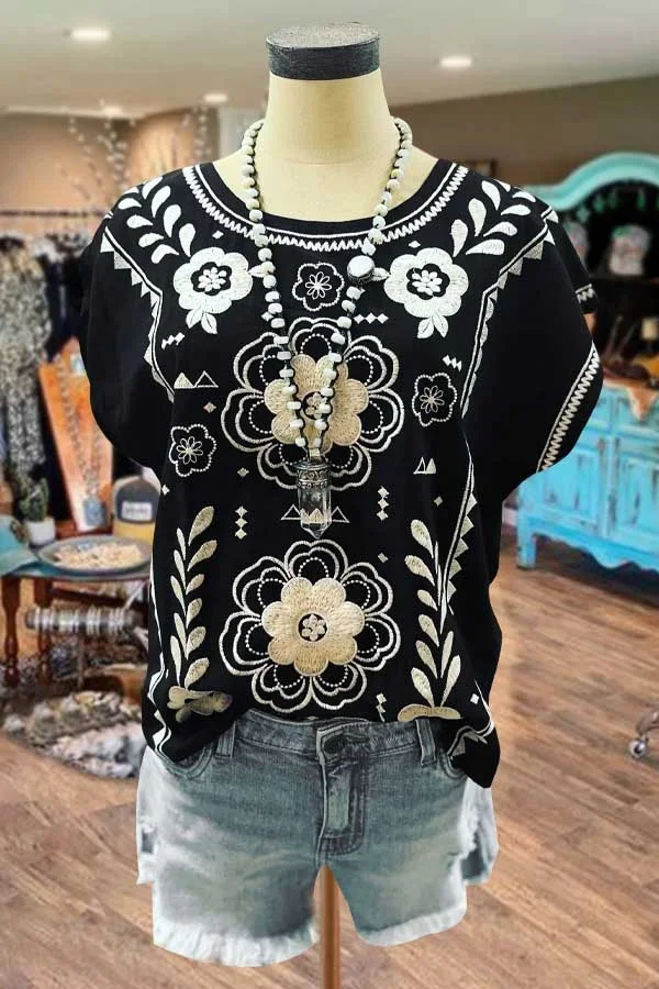 Loose Size Ethnic Style Heavy Industry Embroidery Art Positioning Flower Design Sense Shirt Women's Top